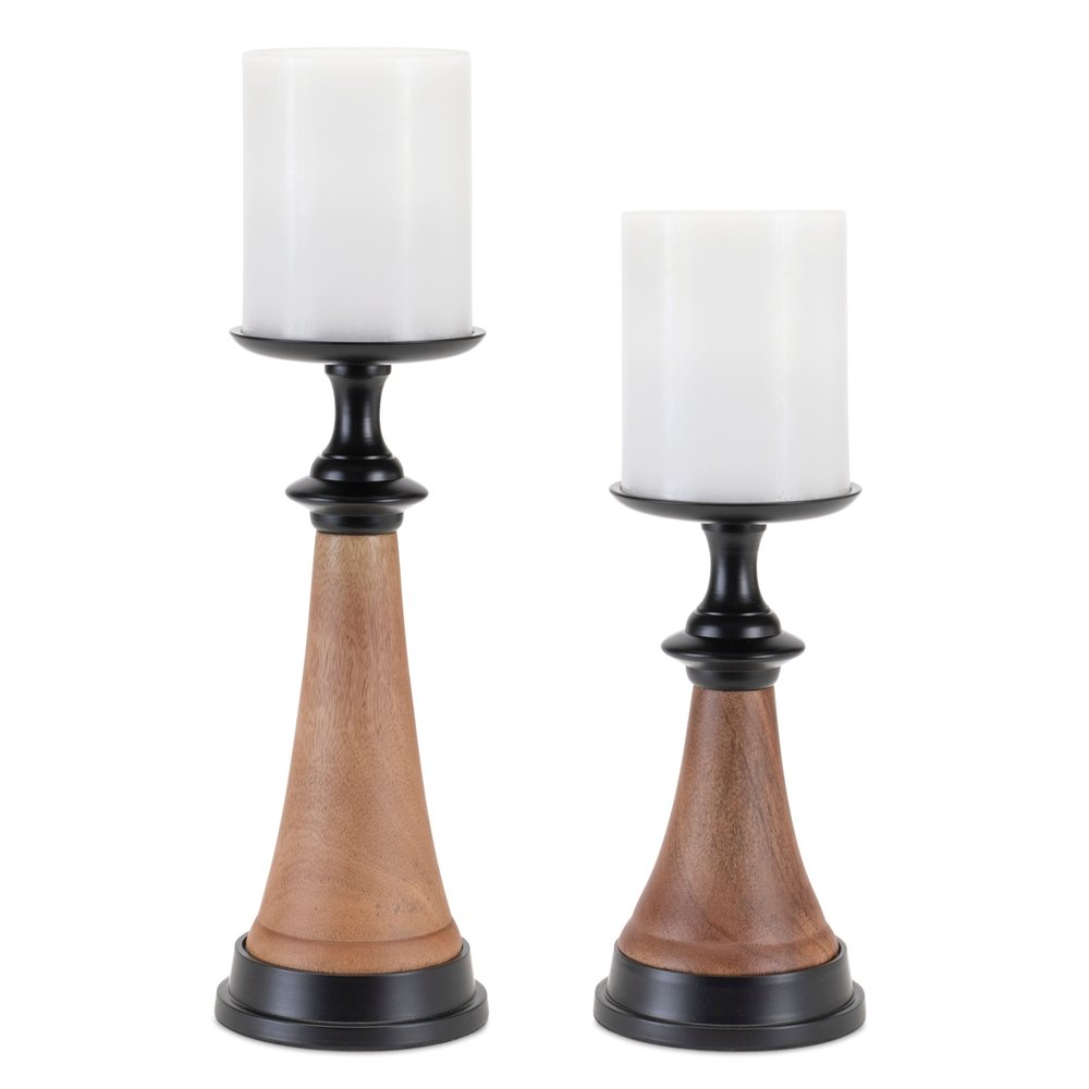 Set of Two Black And Brown Metal And Solid Wood Tabletop Pillar Candle Holders HomeRoots