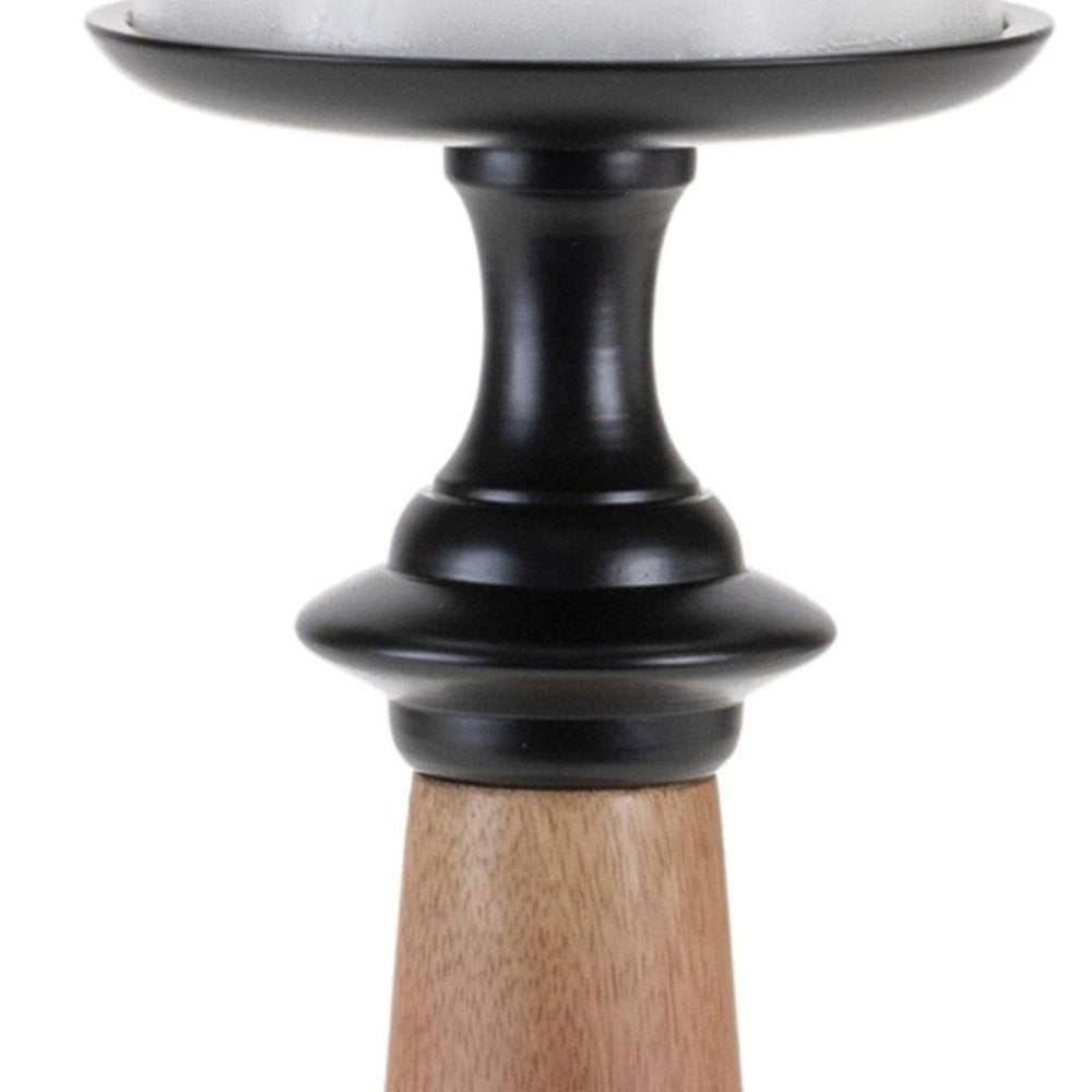Set of Two Black And Brown Metal And Solid Wood Tabletop Pillar Candle Holders HomeRoots