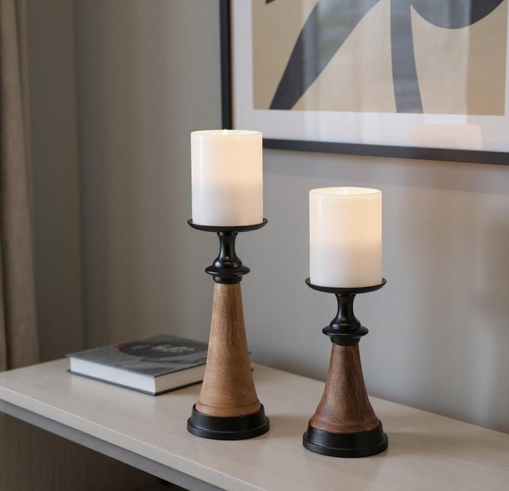 Set of Two Black And Brown Metal And Solid Wood Tabletop Pillar Candle Holders HomeRoots
