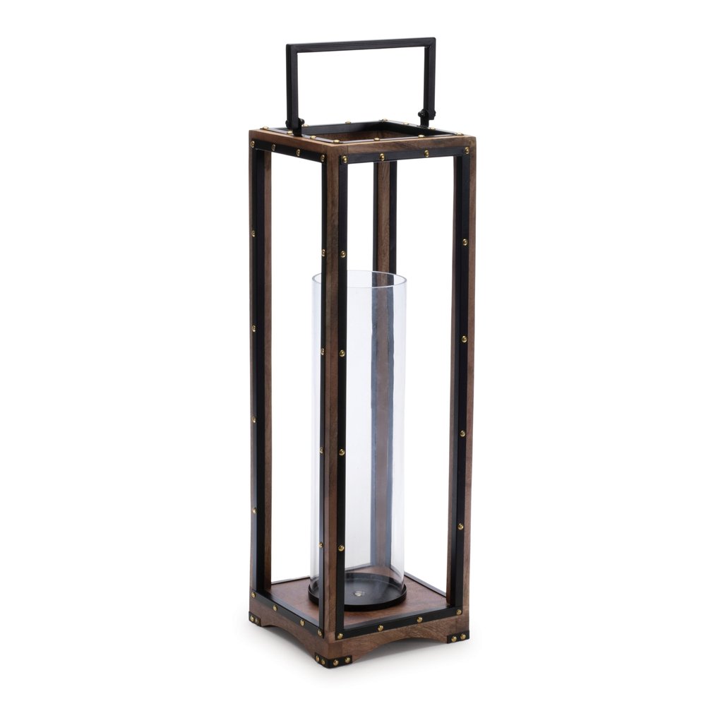 25" Black And Brown Metal And Solid Wood Tabletop Lantern Candle Holder HomeRoots