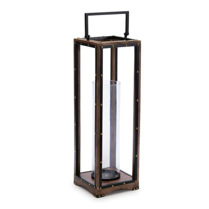 25" Black And Brown Metal And Solid Wood Tabletop Lantern Candle Holder HomeRoots