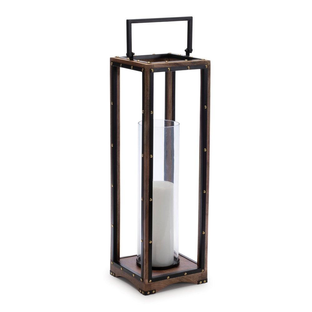 25" Black And Brown Metal And Solid Wood Tabletop Lantern Candle Holder HomeRoots