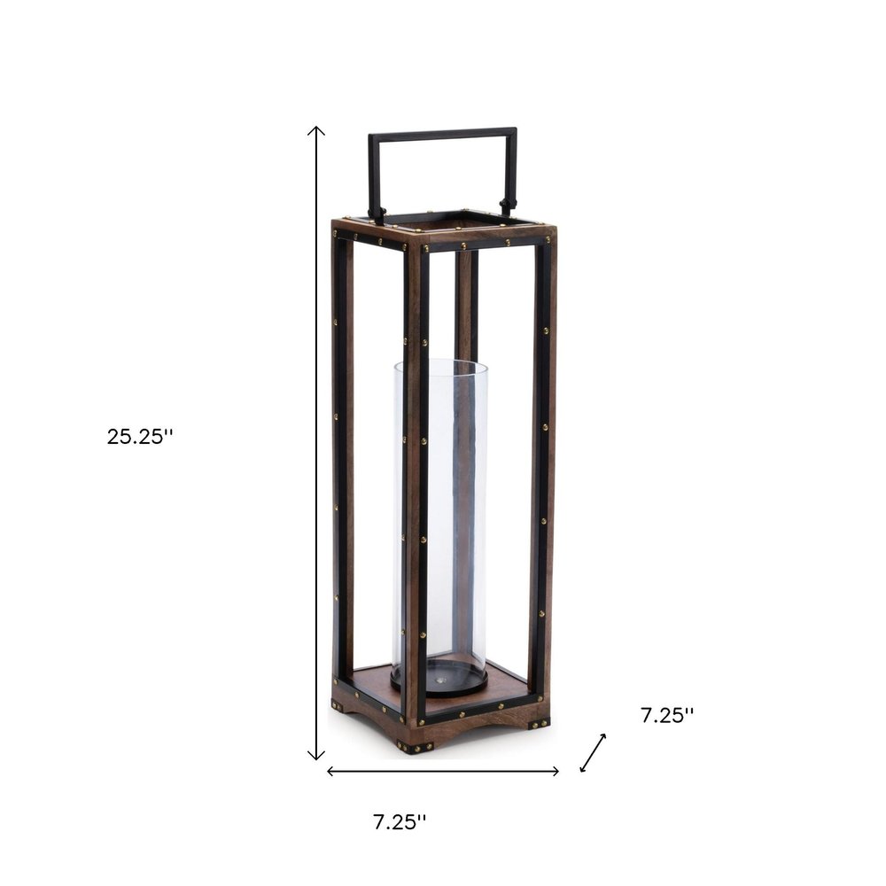 25" Black And Brown Metal And Solid Wood Tabletop Lantern Candle Holder HomeRoots