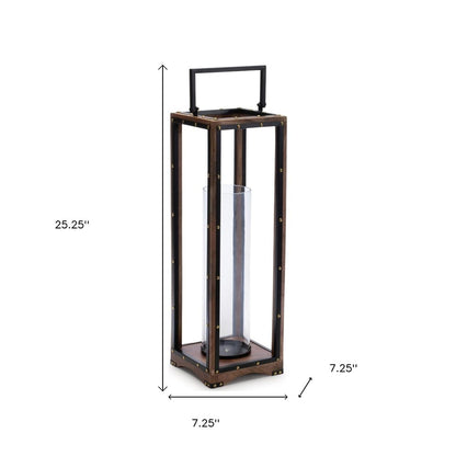 25" Black And Brown Metal And Solid Wood Tabletop Lantern Candle Holder HomeRoots