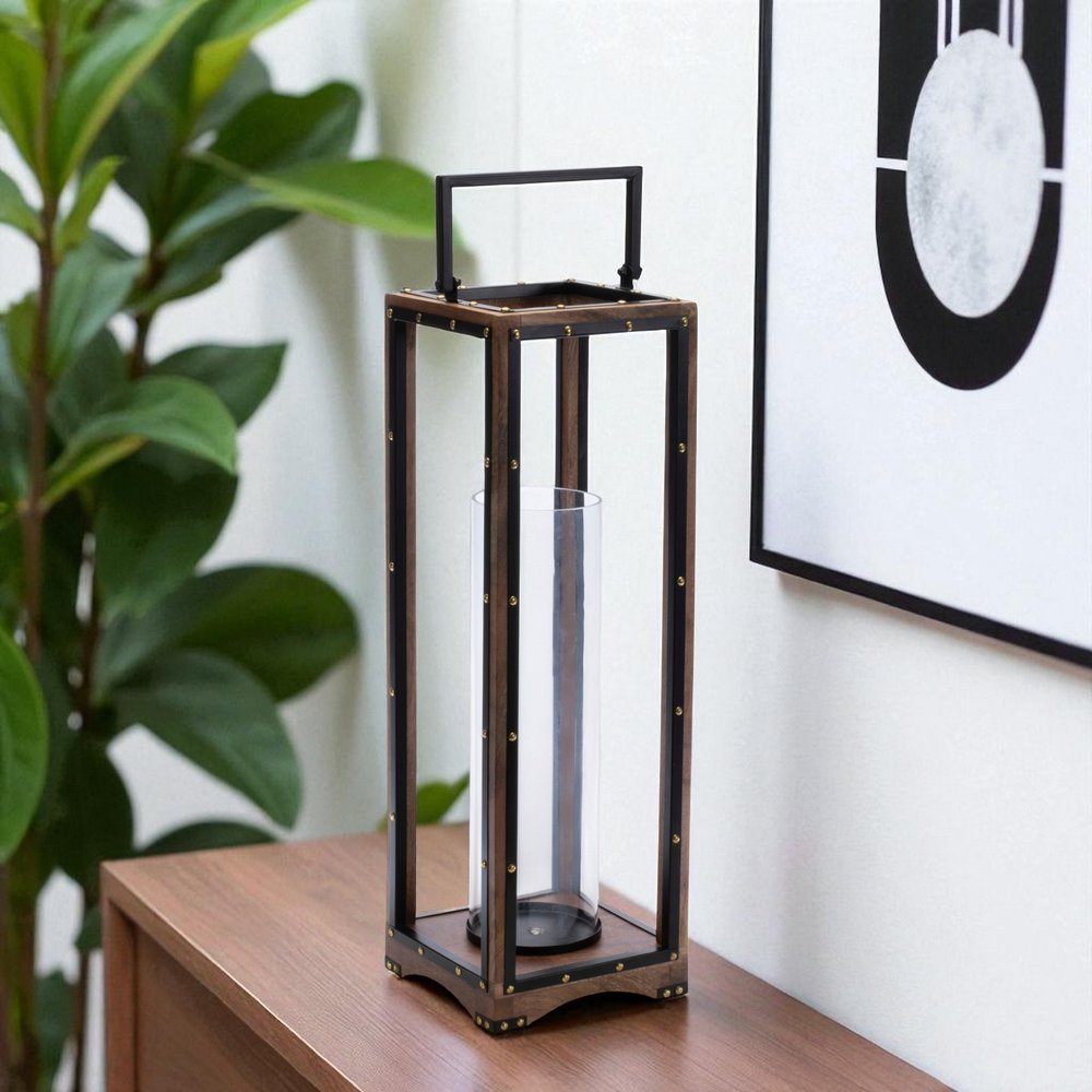 25" Black And Brown Metal And Solid Wood Tabletop Lantern Candle Holder HomeRoots
