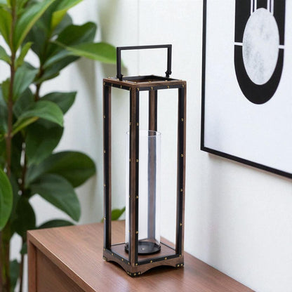 25" Black And Brown Metal And Solid Wood Tabletop Lantern Candle Holder HomeRoots