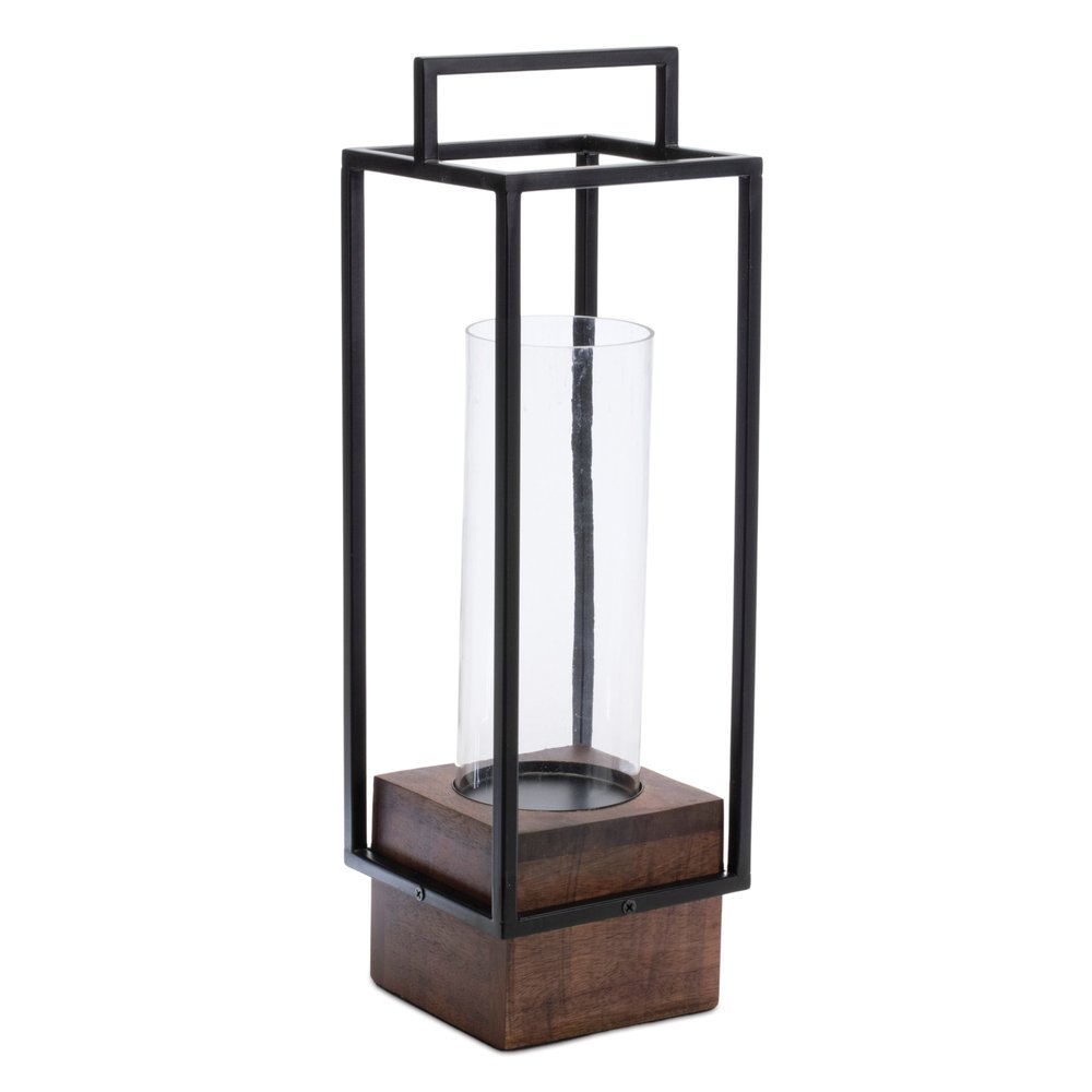 20" Black And Brown Metal And Solid Wood Tabletop Lantern Candle Holder HomeRoots