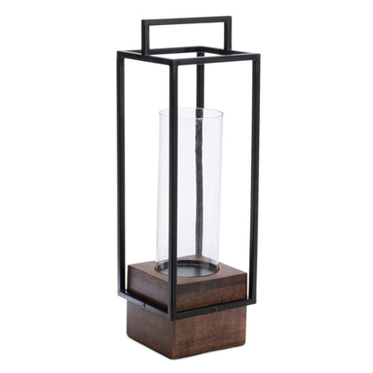20" Black And Brown Metal And Solid Wood Tabletop Lantern Candle Holder HomeRoots