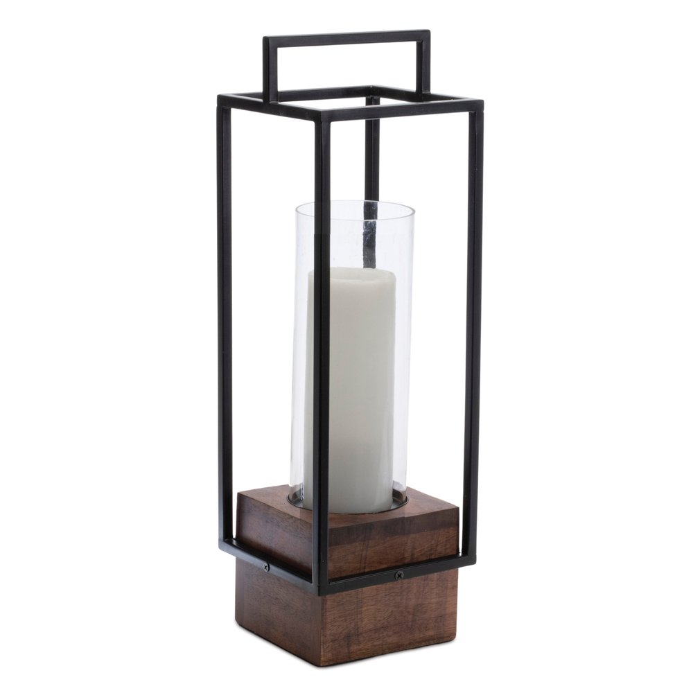 20" Black And Brown Metal And Solid Wood Tabletop Lantern Candle Holder HomeRoots
