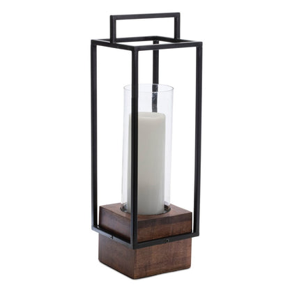 20" Black And Brown Metal And Solid Wood Tabletop Lantern Candle Holder HomeRoots