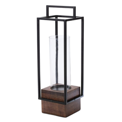 20" Black And Brown Metal And Solid Wood Tabletop Lantern Candle Holder HomeRoots