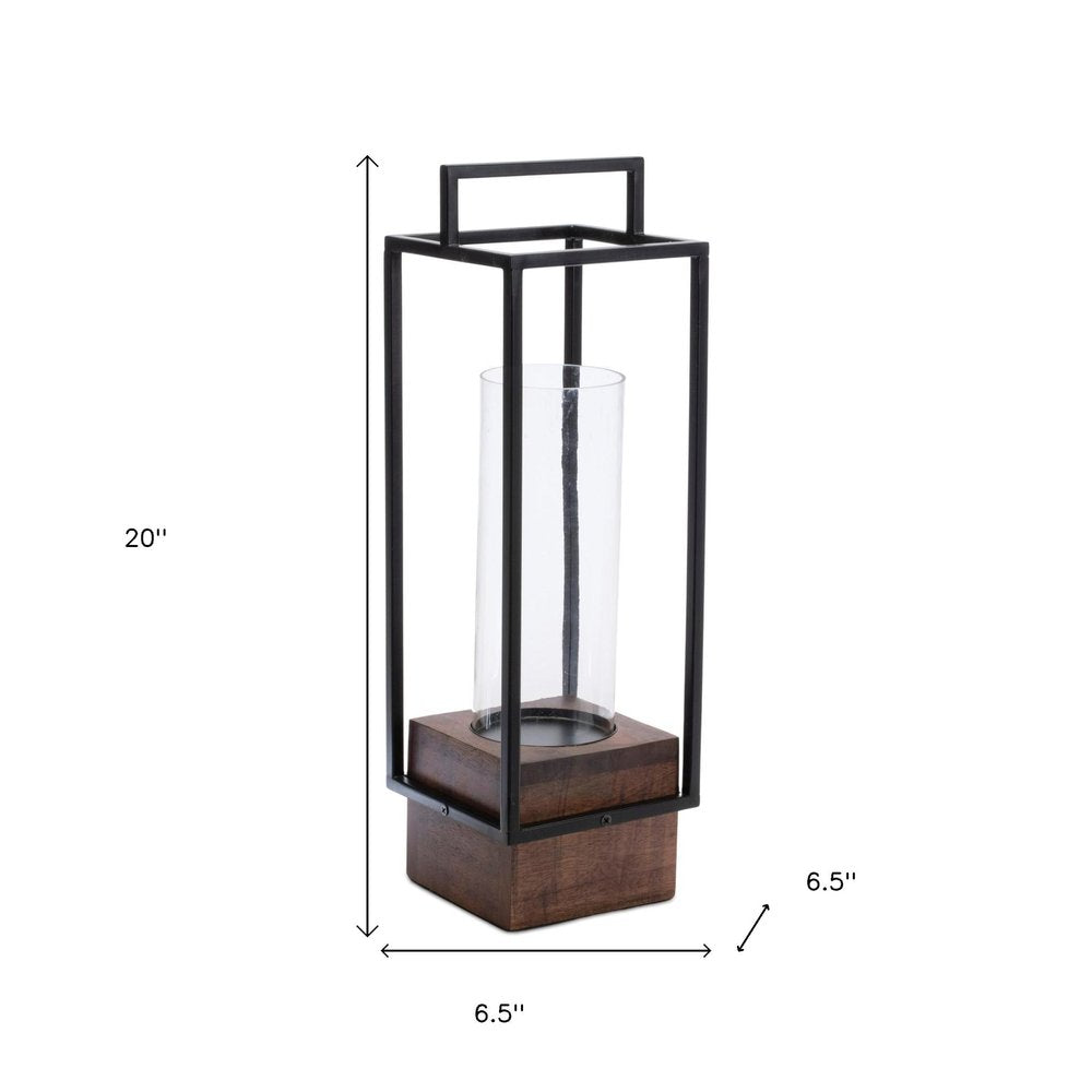 20" Black And Brown Metal And Solid Wood Tabletop Lantern Candle Holder HomeRoots