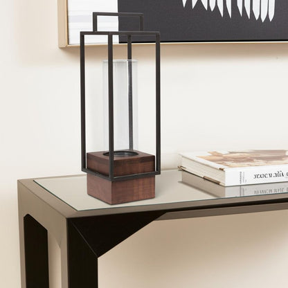 20" Black And Brown Metal And Solid Wood Tabletop Lantern Candle Holder HomeRoots