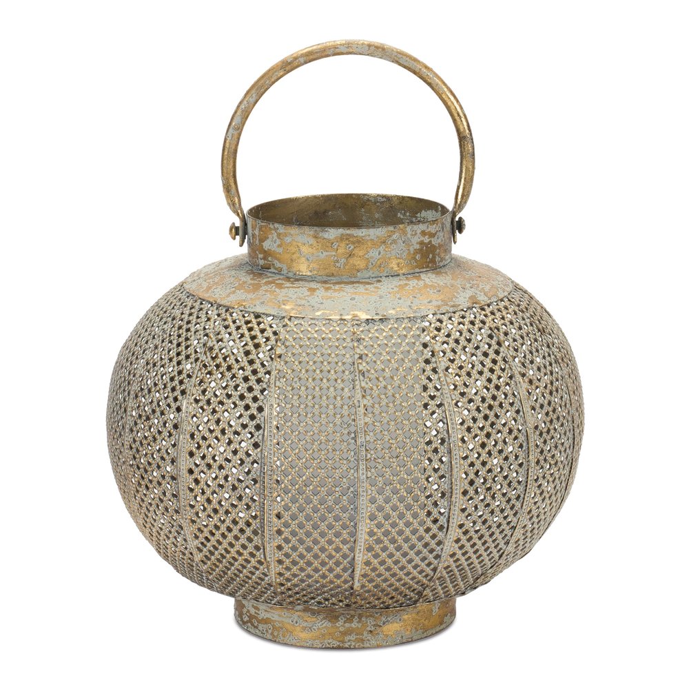 9" Bronze And Green Distressed Lattice Metal Tabletop Lantern Candle Holder HomeRoots