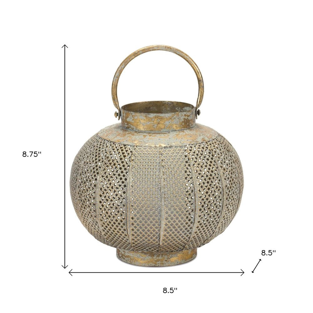 9" Bronze And Green Distressed Lattice Metal Tabletop Lantern Candle Holder HomeRoots