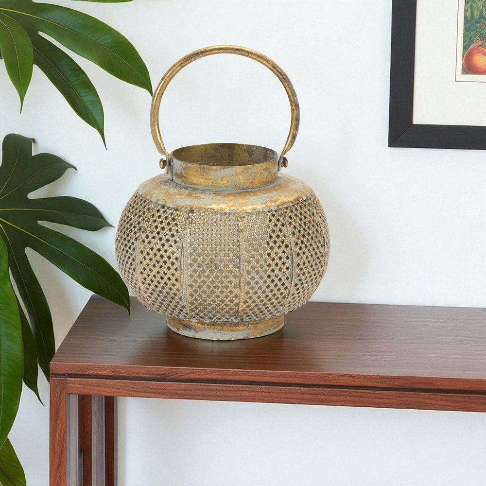 6" Bronze And Green Distressed Lattice Metal Tabletop Lantern Candle Holder HomeRoots
