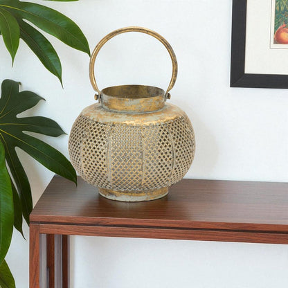6" Bronze And Green Distressed Lattice Metal Tabletop Lantern Candle Holder HomeRoots