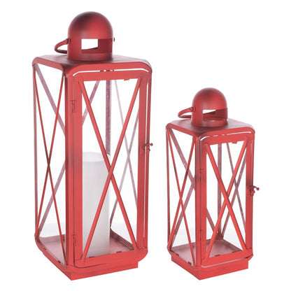 Set of Two Red Geometric Metal Centerpiece Lantern Candle Holders HomeRoots
