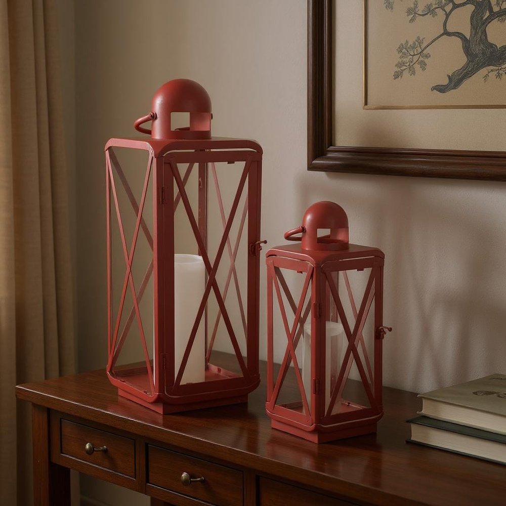 Set of Two Red Geometric Metal Centerpiece Lantern Candle Holders HomeRoots