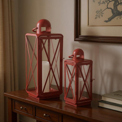 Set of Two Red Geometric Metal Centerpiece Lantern Candle Holders HomeRoots