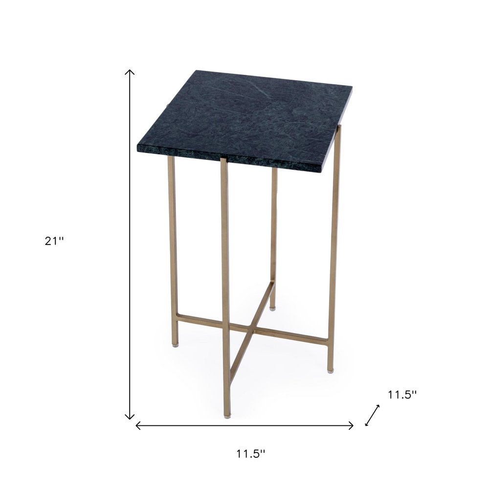 21" Green and Gold Marble and Iron Drink Size Square End Table