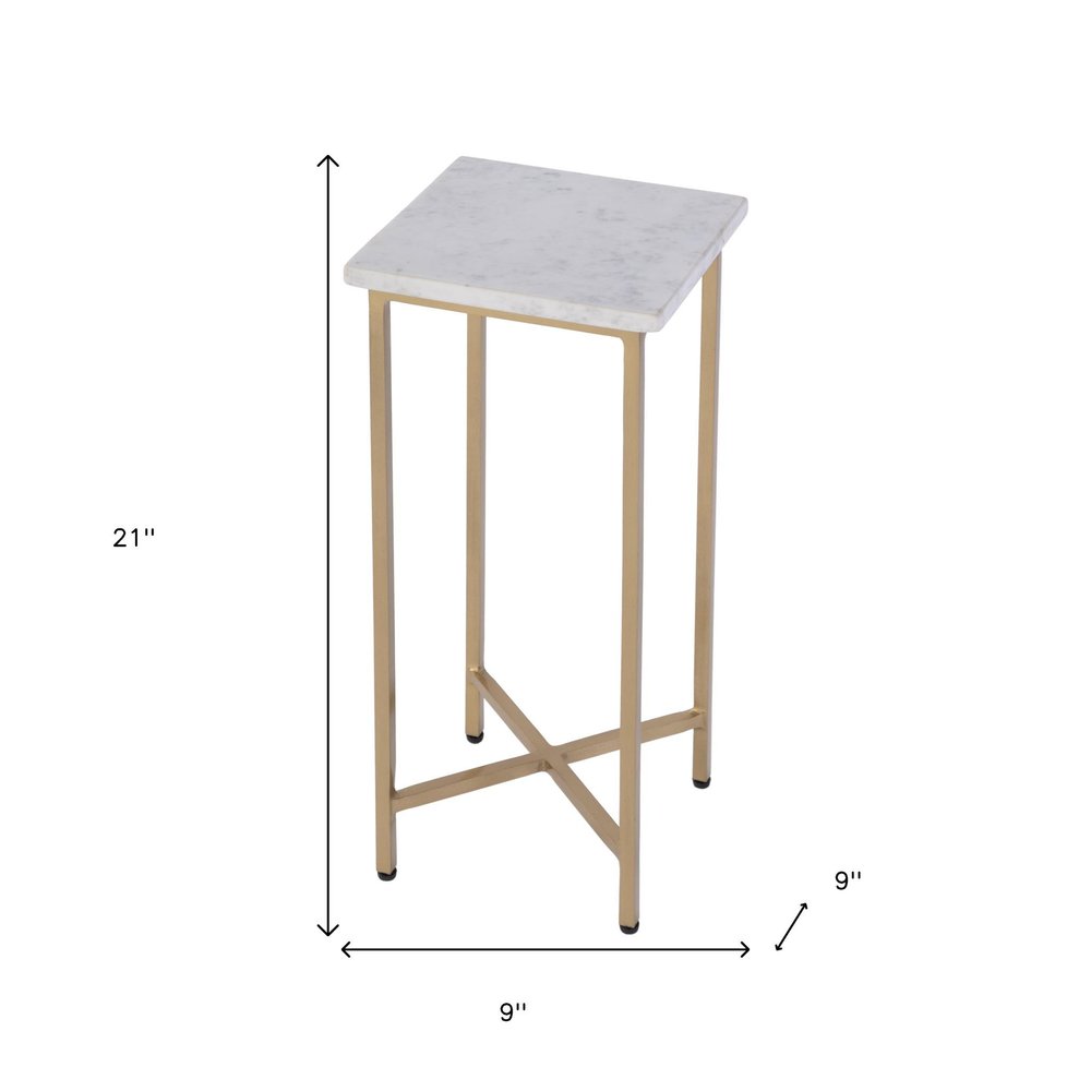 21" White and Gold Distressed Marble and Iron Square End Table HomeRoots