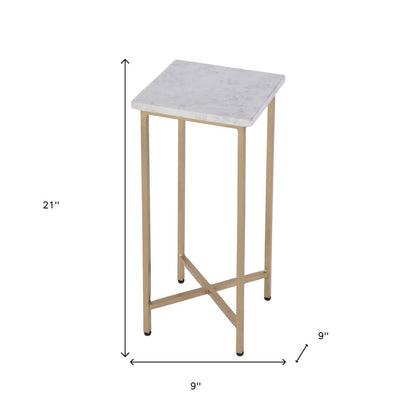 21" White and Gold Distressed Marble and Iron Square End Table HomeRoots