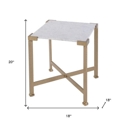 20" White and Gold Distressed Marble and Iron Square End Table HomeRoots