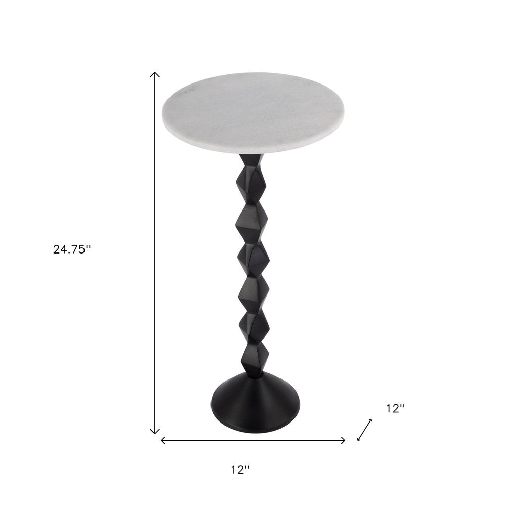 25" White and Black Marble and Aluminum Round Pedestal End Table HomeRoots