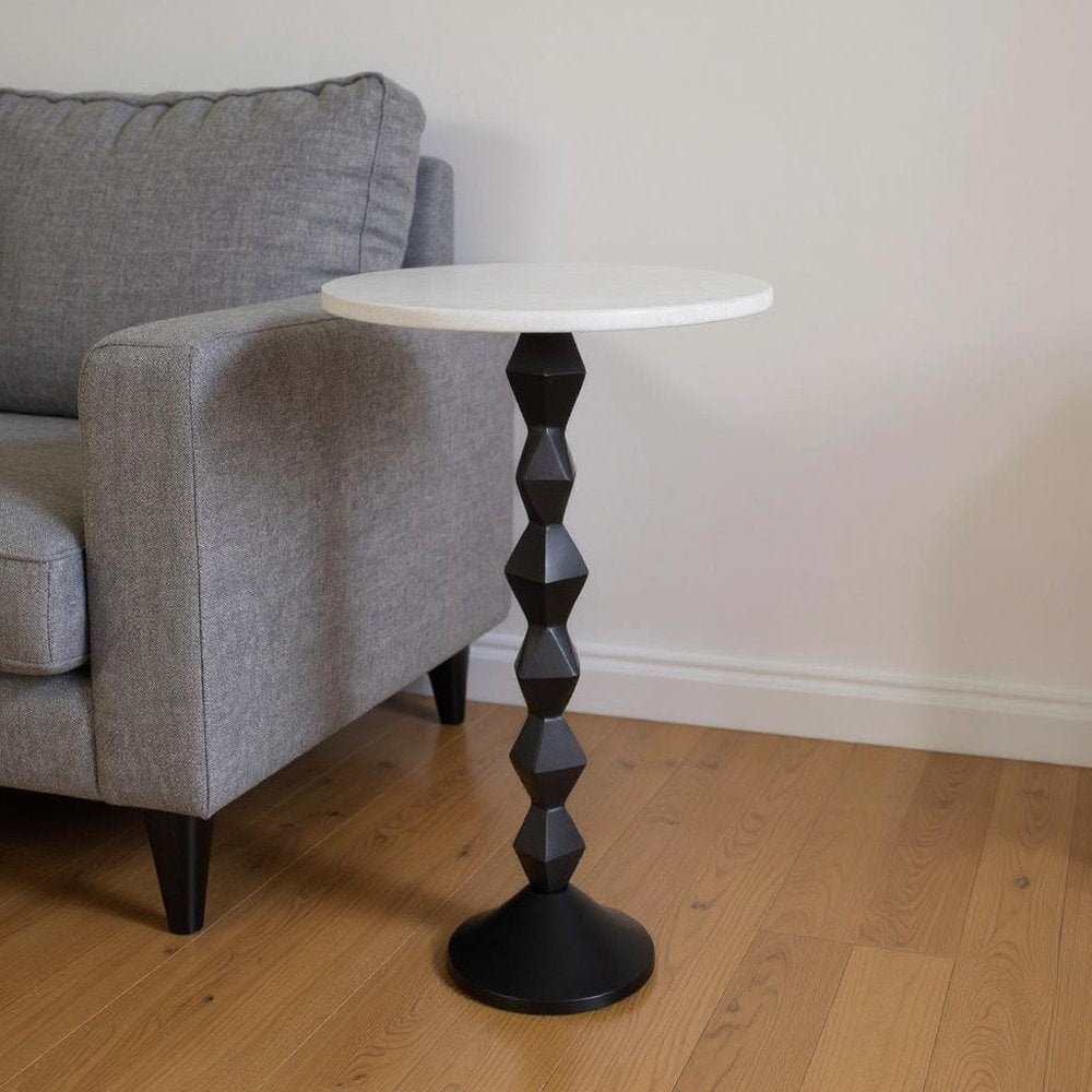 25" White and Black Marble and Aluminum Round Pedestal End Table HomeRoots
