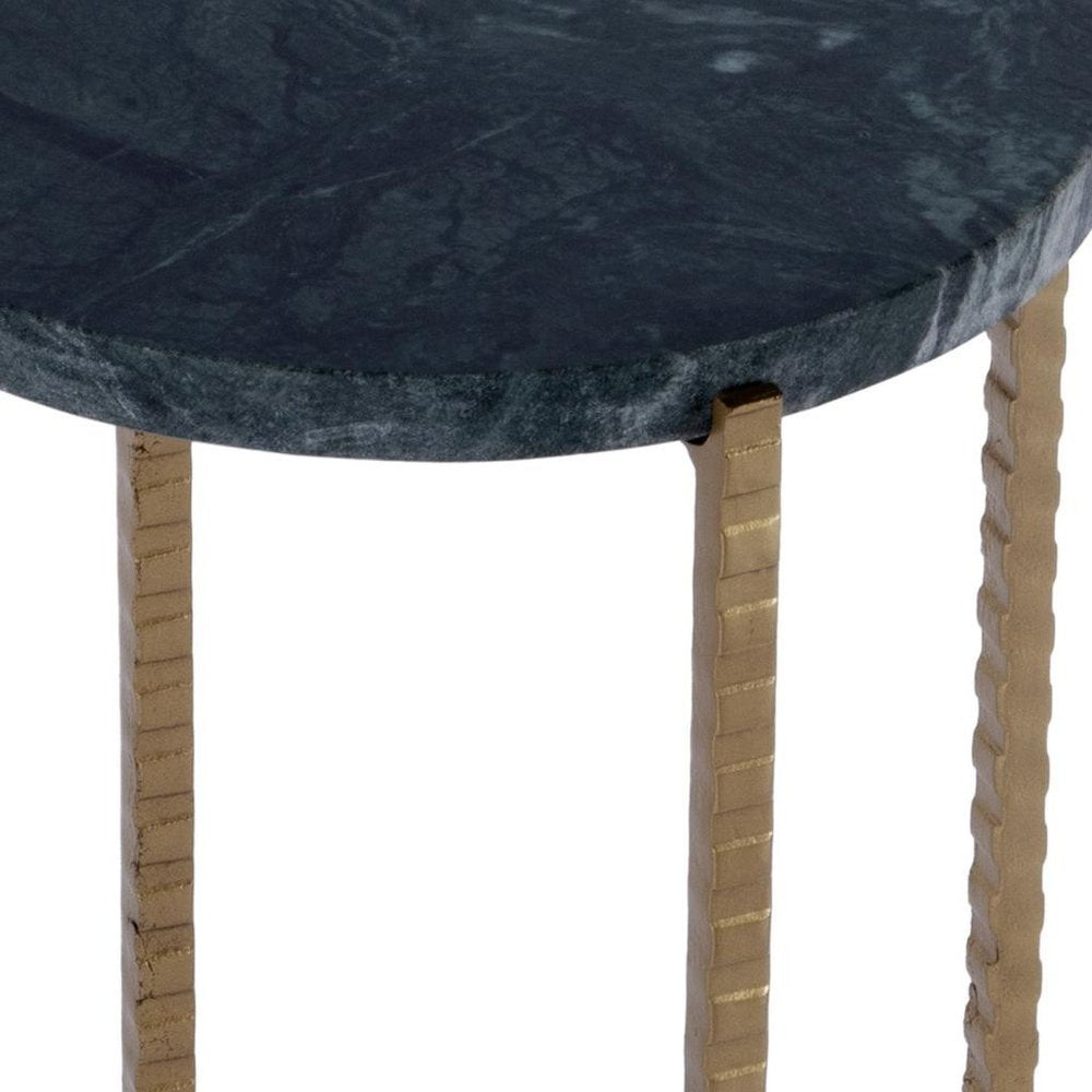 21" Green and Gold Marble and Iron Drink Size Round End Table HomeRoots