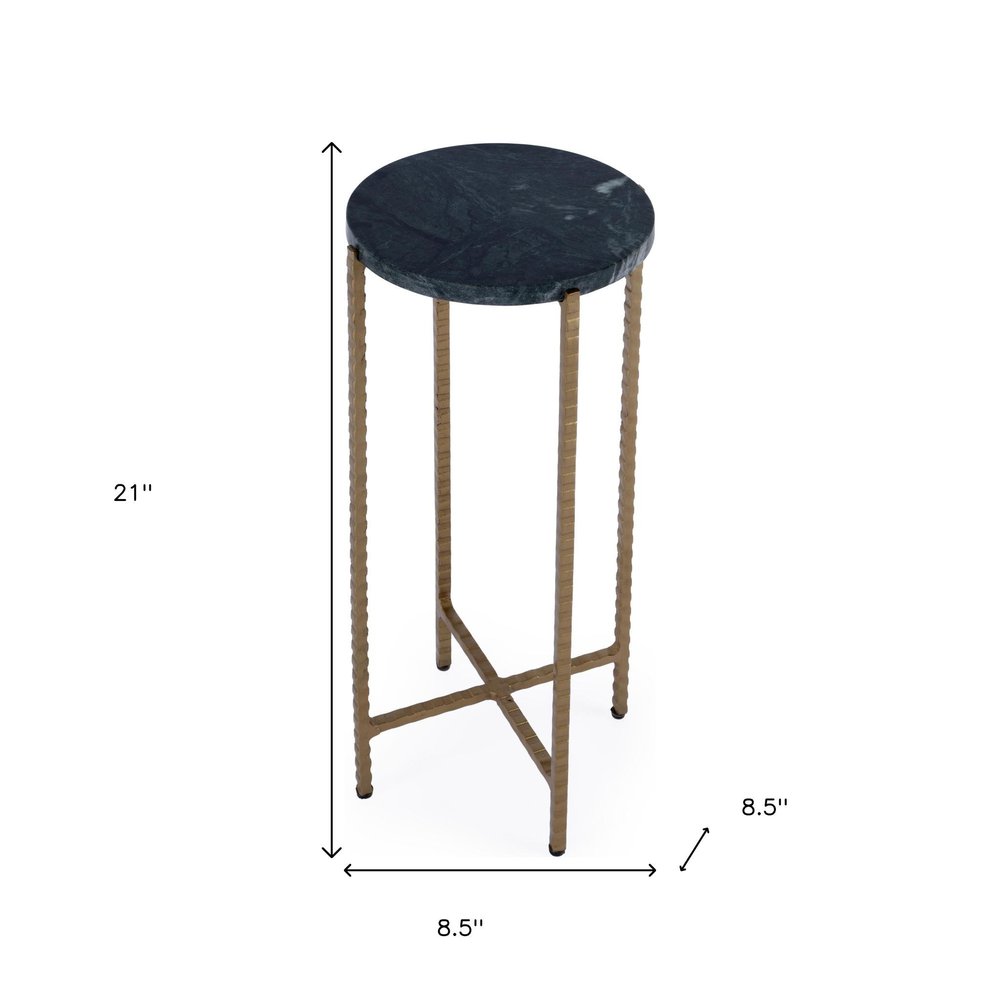 21" Green and Gold Marble and Iron Drink Size Round End Table HomeRoots