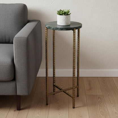 21" Green and Gold Marble and Iron Drink Size Round End Table HomeRoots