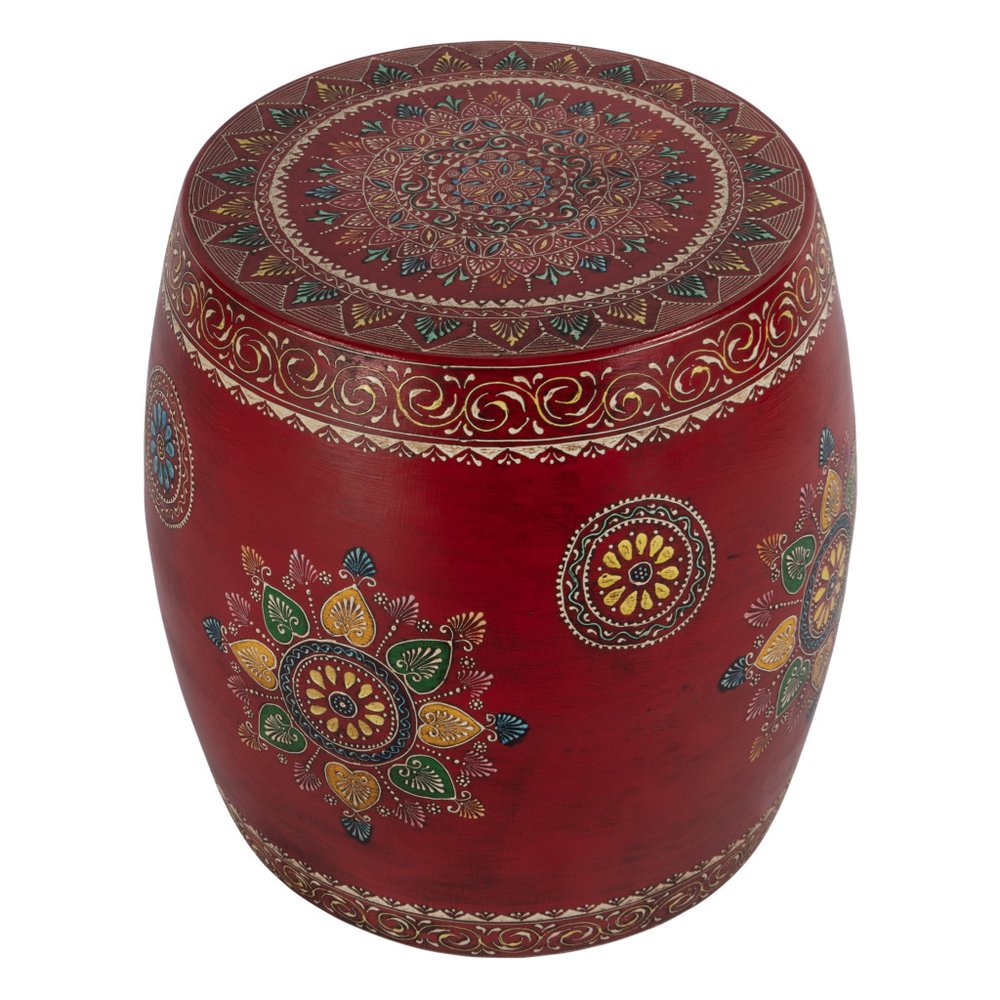 18" Red Iron Hand Painted Floral Round Drum End Table HomeRoots