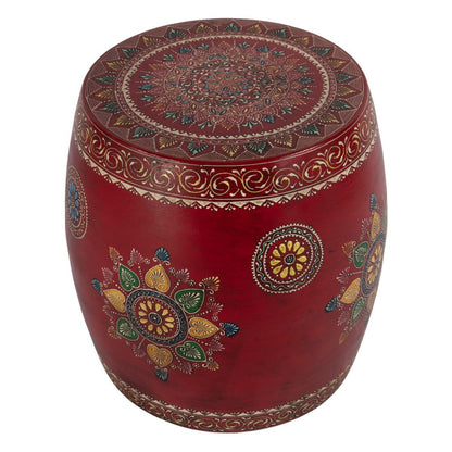 18" Red Iron Hand Painted Floral Round Drum End Table HomeRoots