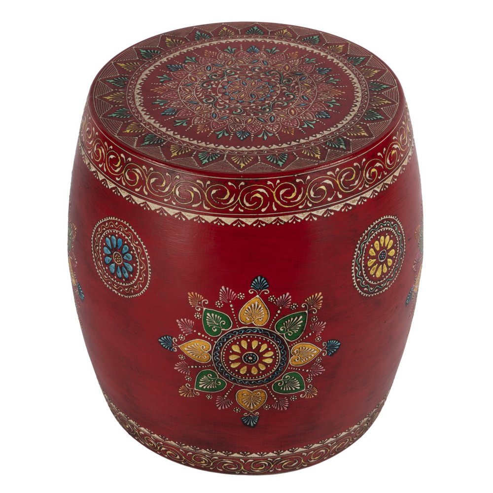 18" Red Iron Hand Painted Floral Round Drum End Table HomeRoots