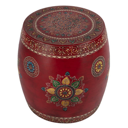 18" Red Iron Hand Painted Floral Round Drum End Table HomeRoots