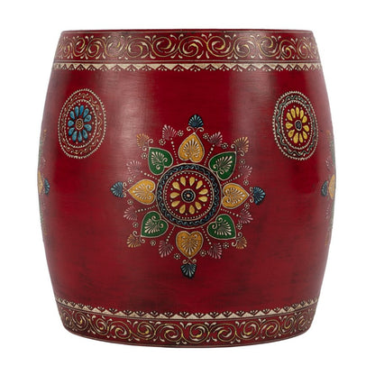 18" Red Iron Hand Painted Floral Round Drum End Table HomeRoots