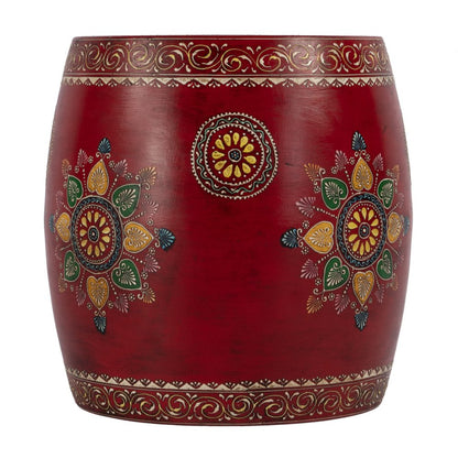 18" Red Iron Hand Painted Floral Round Drum End Table HomeRoots