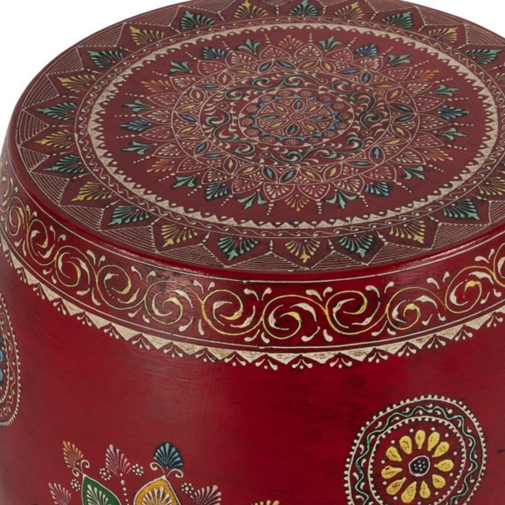 18" Red Iron Hand Painted Floral Round Drum End Table HomeRoots