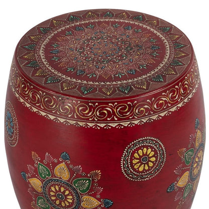 18" Red Iron Hand Painted Floral Round Drum End Table HomeRoots