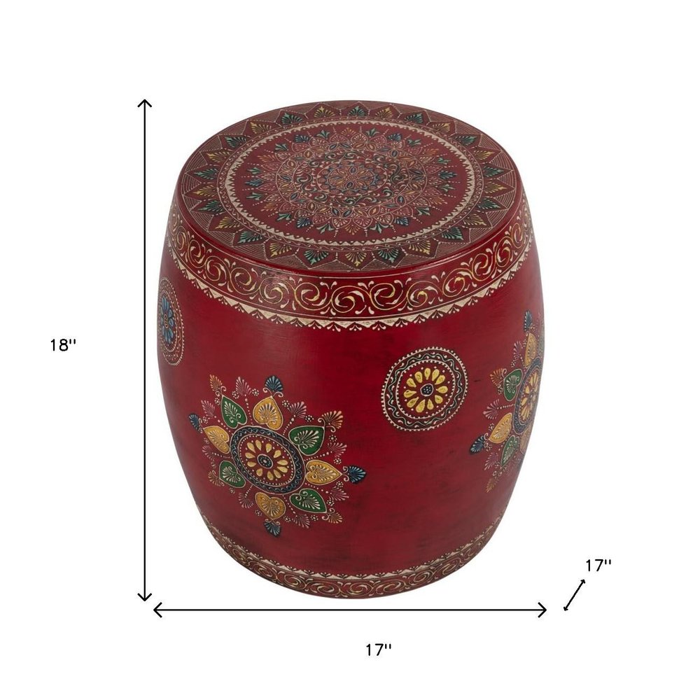 18" Red Iron Hand Painted Floral Round Drum End Table HomeRoots
