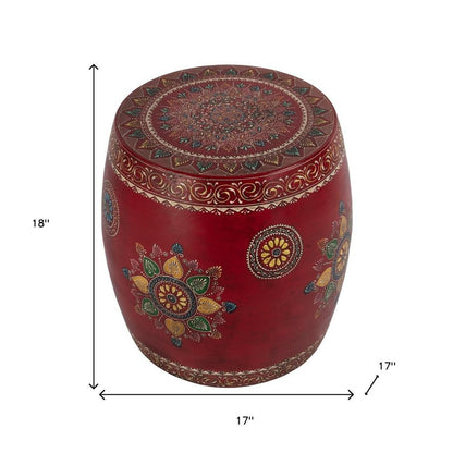 18" Red Iron Hand Painted Floral Round Drum End Table HomeRoots