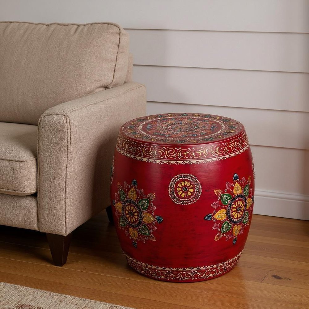 18" Red Iron Hand Painted Floral Round Drum End Table HomeRoots