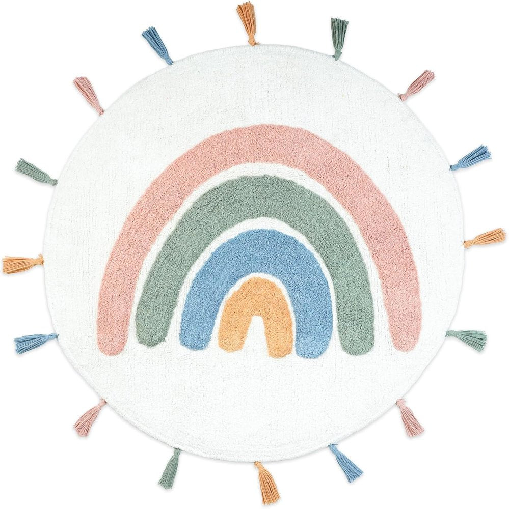 32" White Blue And Pink Cotton Rainbows Round Youthful Bath Rug HomeRoots