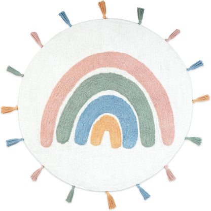 32" White Blue And Pink Cotton Rainbows Round Youthful Bath Rug HomeRoots