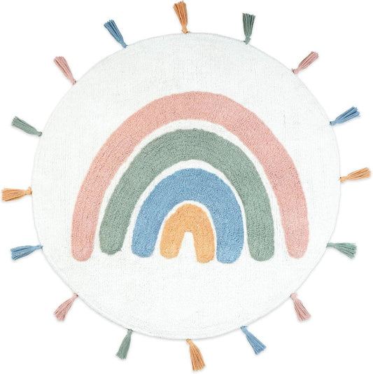 32" White Blue And Pink Cotton Rainbows Round Youthful Bath Rug HomeRoots