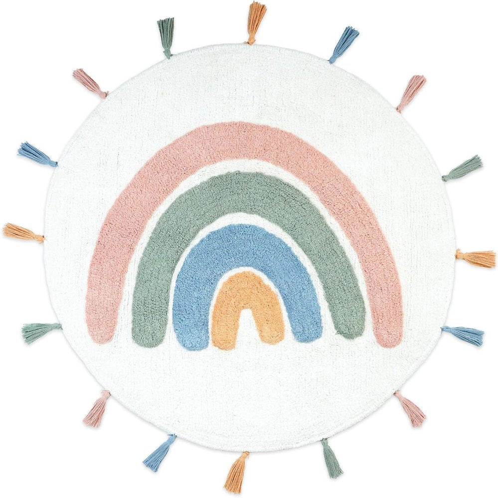 32" White Blue And Pink Cotton Rainbows Round Youthful Bath Rug HomeRoots