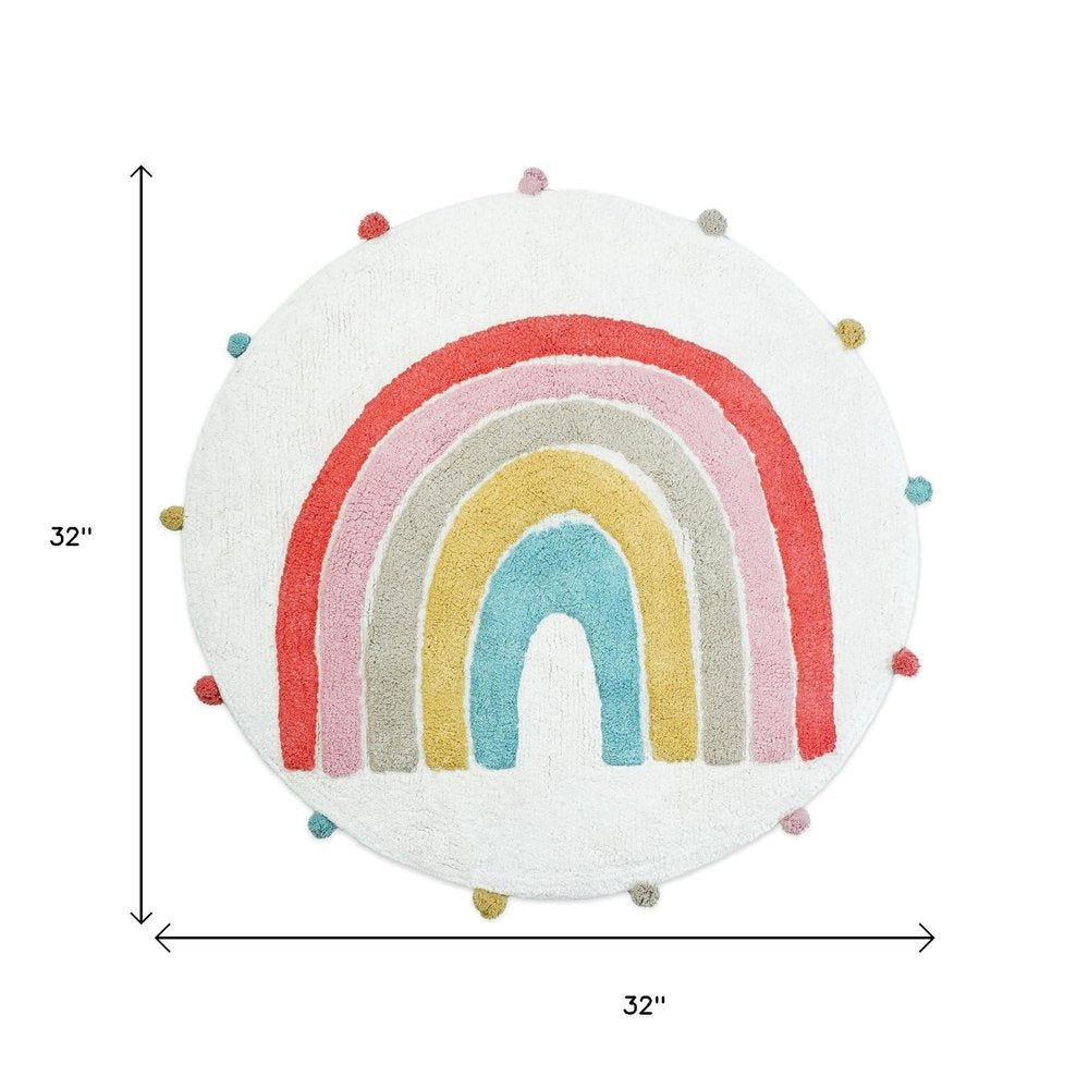 32" White Pink And Yellow Cotton Rainbows Round Youthful Bath Rug HomeRoots