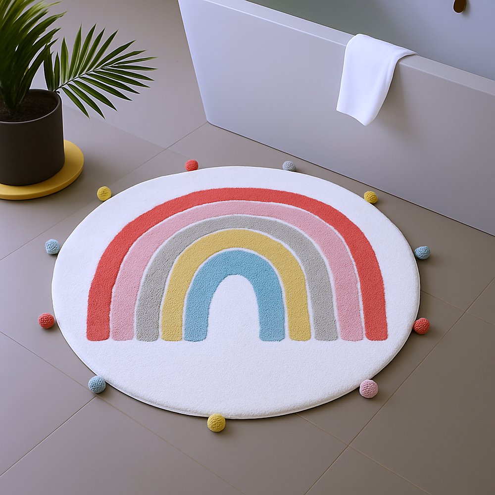 32" White Pink And Yellow Cotton Rainbows Round Youthful Bath Rug HomeRoots